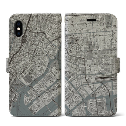 【木場（東京都）】地図柄iPhoneケース（手帳タイプ）モノトーン・iPhone XS / X 用