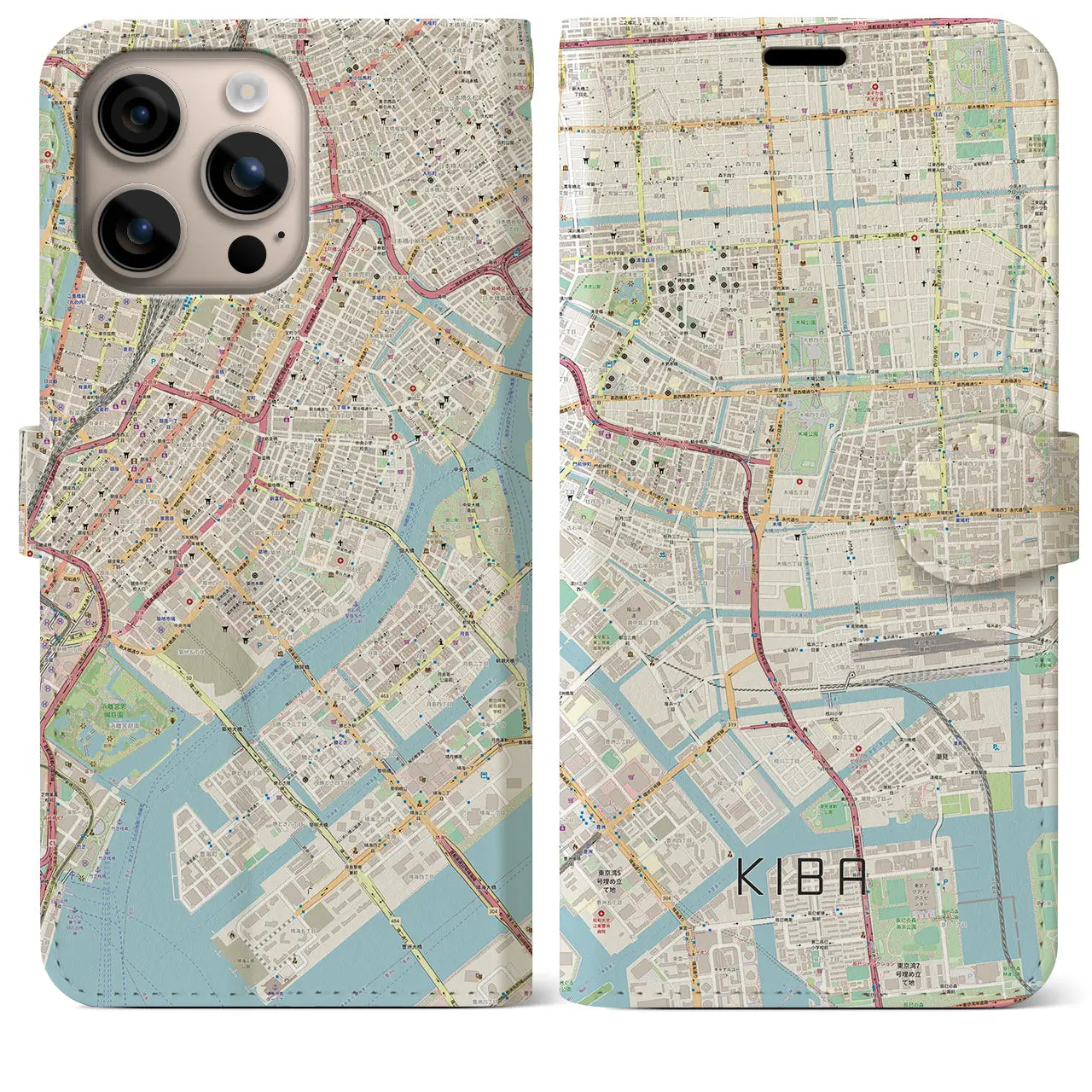 【木場（東京都）】地図柄iPhoneケース（手帳タイプ）ナチュラル・iPhone 16 Plus 用