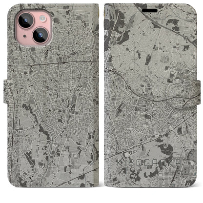 【希望ヶ丘（神奈川県）】地図柄iPhoneケース（手帳タイプ）モノトーン・iPhone 15 Plus 用