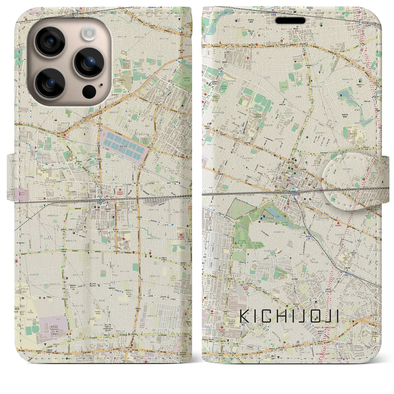 【吉祥寺2（東京都）】地図柄iPhoneケース（手帳タイプ）ナチュラル・iPhone 16 Plus 用