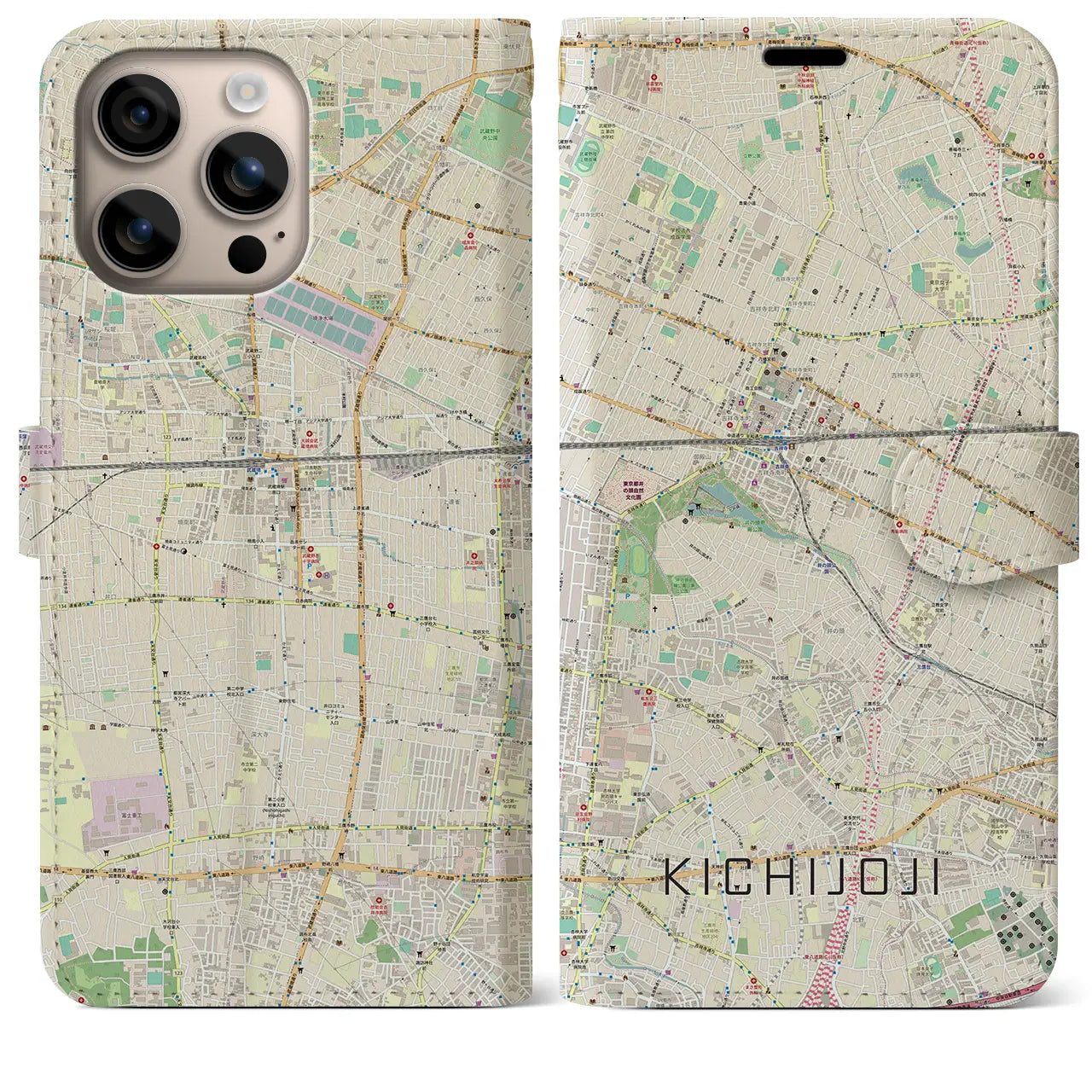 【吉祥寺（東京都）】地図柄iPhoneケース（手帳タイプ）ナチュラル・iPhone 16 Plus 用