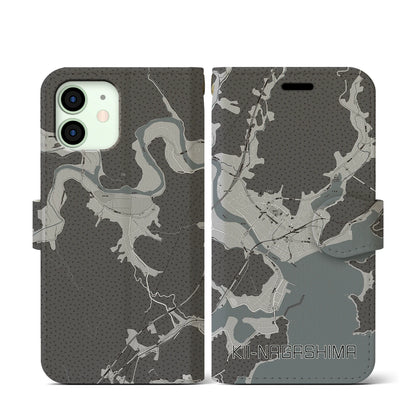 【紀伊長島（三重県）】地図柄iPhoneケース（手帳タイプ）モノトーン・iPhone 12 mini 用