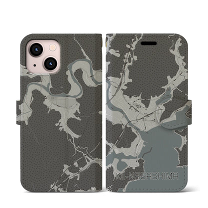 【紀伊長島（三重県）】地図柄iPhoneケース（手帳タイプ）モノトーン・iPhone 13 mini 用