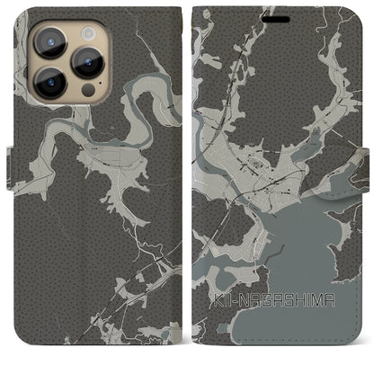 【紀伊長島（三重県）】地図柄iPhoneケース（手帳タイプ）モノトーン・iPhone 14 Pro Max 用