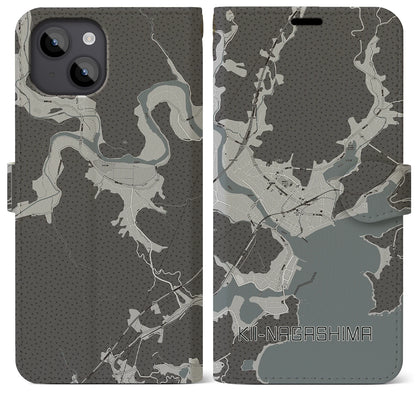 【紀伊長島（三重県）】地図柄iPhoneケース（手帳タイプ）モノトーン・iPhone 14 Plus 用