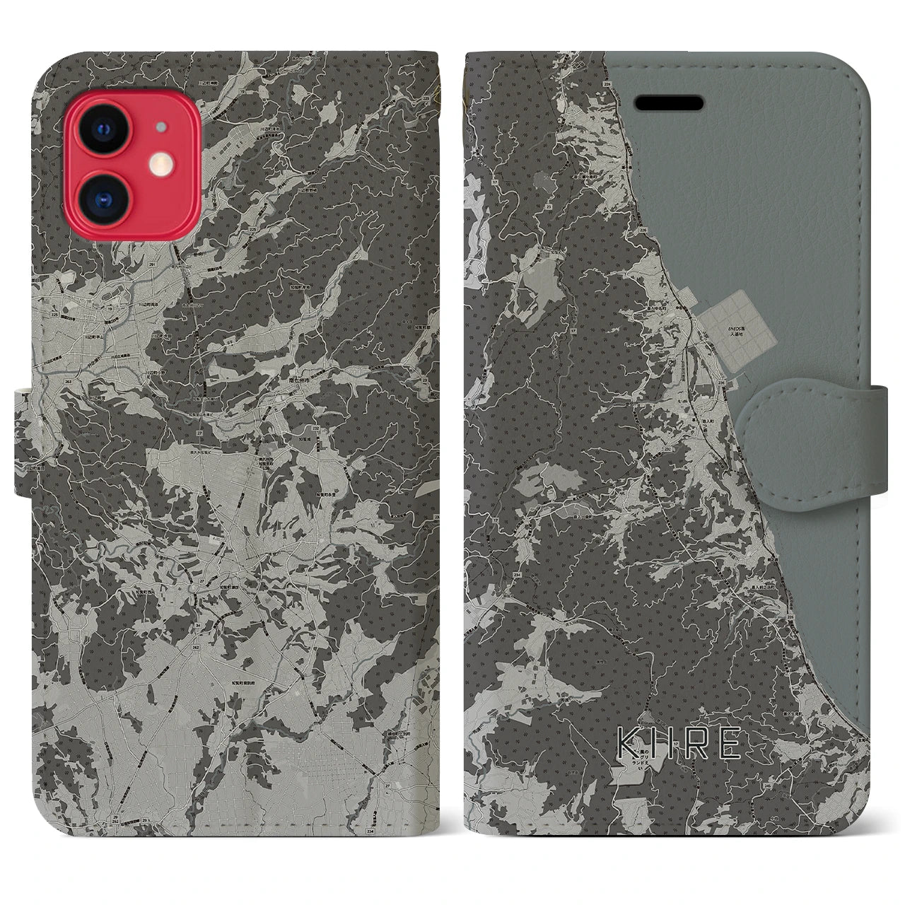 【喜入（鹿児島県）】地図柄iPhoneケース（手帳タイプ）モノトーン・iPhone 11 用