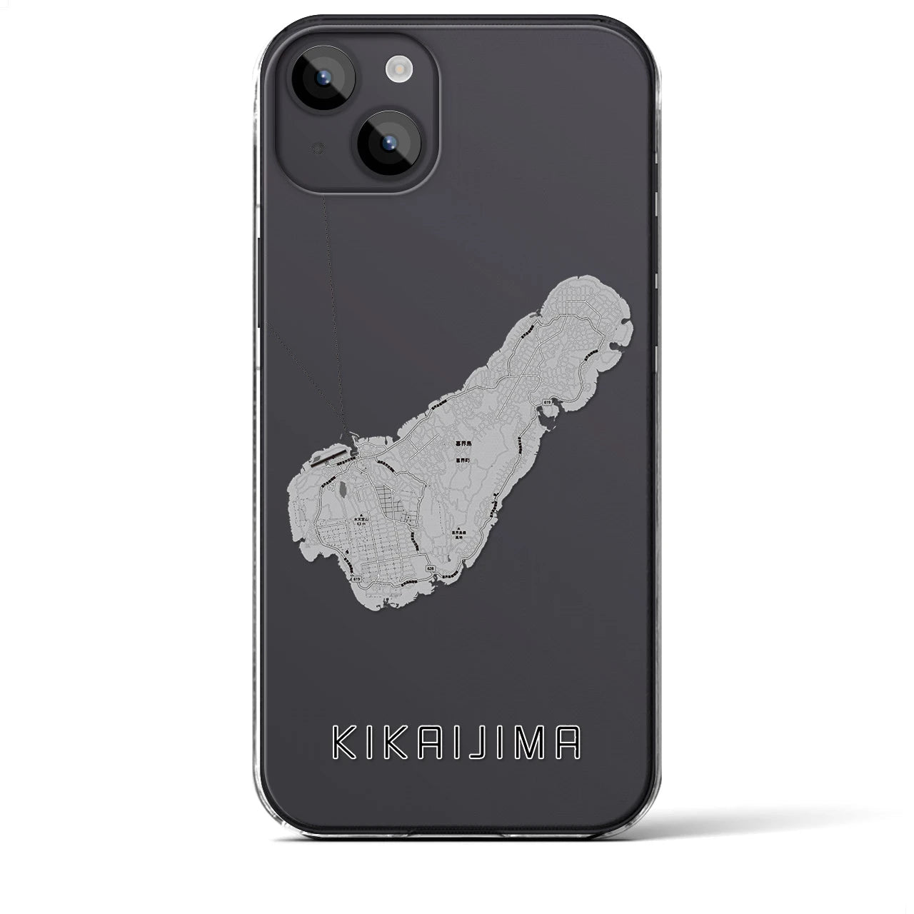 【喜界島（鹿児島県）】地図柄iPhoneケース（クリアタイプ）モノトーン・iPhone 14 Plus 用