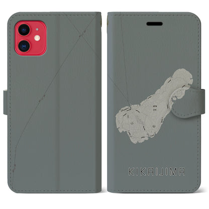 【喜界島（鹿児島県）】地図柄iPhoneケース（手帳タイプ）モノトーン・iPhone 11 用