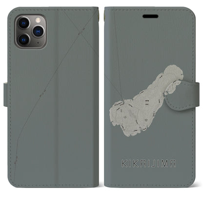 【喜界島（鹿児島県）】地図柄iPhoneケース（手帳タイプ）モノトーン・iPhone 11 Pro Max 用