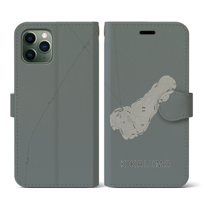 【喜界島（鹿児島県）】地図柄iPhoneケース（手帳タイプ）モノトーン・iPhone 11 Pro 用