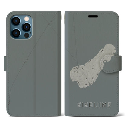 【喜界島（鹿児島県）】地図柄iPhoneケース（手帳タイプ）モノトーン・iPhone 12 / 12 Pro 用