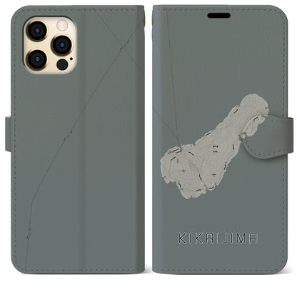【喜界島（鹿児島県）】地図柄iPhoneケース（手帳タイプ）モノトーン・iPhone 12 Pro Max 用