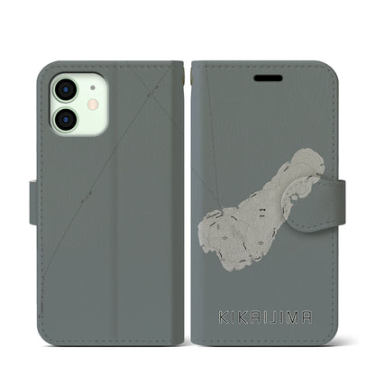 【喜界島（鹿児島県）】地図柄iPhoneケース（手帳タイプ）モノトーン・iPhone 12 mini 用