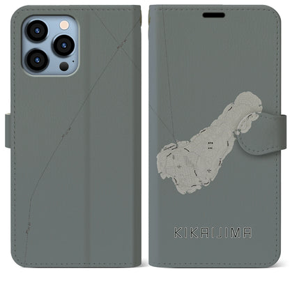 【喜界島（鹿児島県）】地図柄iPhoneケース（手帳タイプ）モノトーン・iPhone 13 Pro Max 用