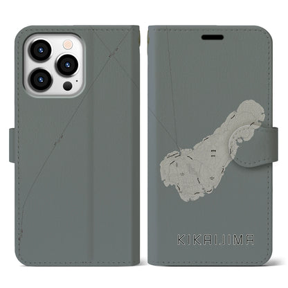 【喜界島（鹿児島県）】地図柄iPhoneケース（手帳タイプ）モノトーン・iPhone 13 Pro 用