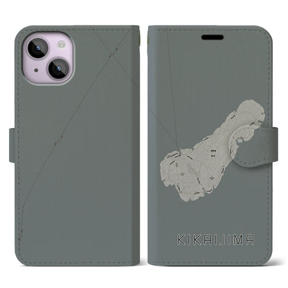 【喜界島（鹿児島県）】地図柄iPhoneケース（手帳タイプ）モノトーン・iPhone 14 用