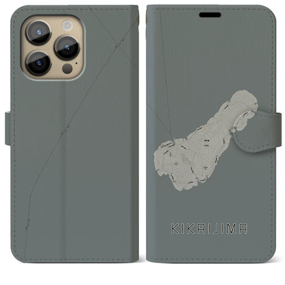 【喜界島（鹿児島県）】地図柄iPhoneケース（手帳タイプ）モノトーン・iPhone 14 Pro Max 用