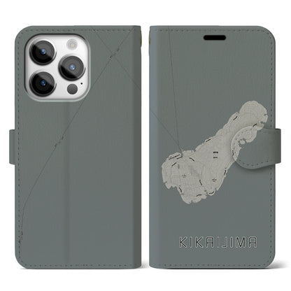 【喜界島（鹿児島県）】地図柄iPhoneケース（手帳タイプ）モノトーン・iPhone 14 Pro 用