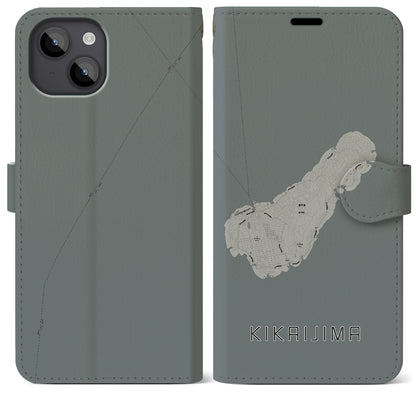 【喜界島（鹿児島県）】地図柄iPhoneケース（手帳タイプ）モノトーン・iPhone 14 Plus 用