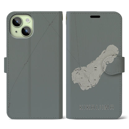 【喜界島（鹿児島県）】地図柄iPhoneケース（手帳タイプ）モノトーン・iPhone 15 用