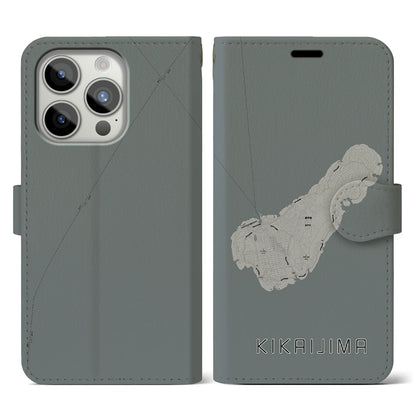 【喜界島（鹿児島県）】地図柄iPhoneケース（手帳タイプ）モノトーン・iPhone 15 Pro 用