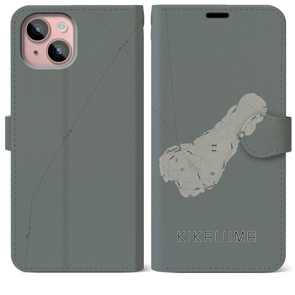 【喜界島（鹿児島県）】地図柄iPhoneケース（手帳タイプ）モノトーン・iPhone 15 Plus 用