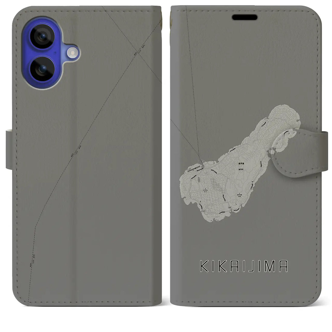 【喜界島(鹿児島県)】地図柄iPhoneケース(手帳タイプ)モノトーン・iPhone 16 Pro Max 用