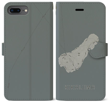 【喜界島（鹿児島県）】地図柄iPhoneケース（手帳タイプ）モノトーン・iPhone 8Plus /7Plus / 6sPlus / 6Plus 用