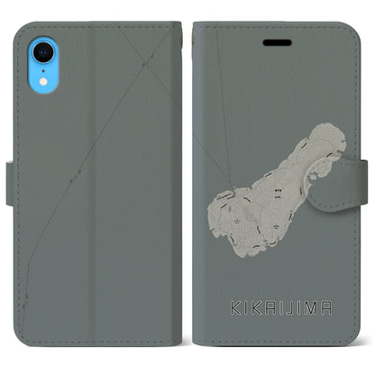 【喜界島（鹿児島県）】地図柄iPhoneケース（手帳タイプ）モノトーン・iPhone XR 用