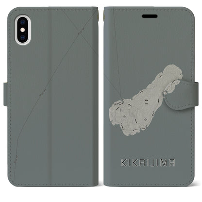 【喜界島（鹿児島県）】地図柄iPhoneケース（手帳タイプ）モノトーン・iPhone XS Max 用