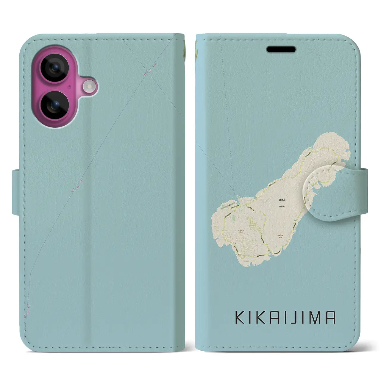 【喜界島（鹿児島県）】地図柄iPhoneケース（手帳タイプ）ナチュラル・iPhone 16 Pro 用