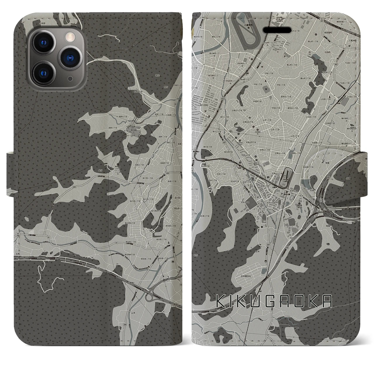 【企救丘】地図柄iPhoneケース（手帳両面タイプ・モノトーン）iPhone 11 Pro Max 用