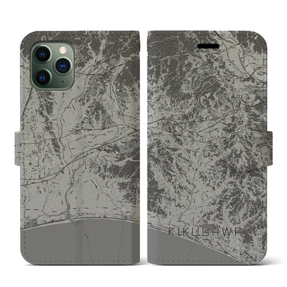 【菊川（静岡県）】地図柄iPhoneケース（手帳タイプ）モノトーン・iPhone 11 Pro 用