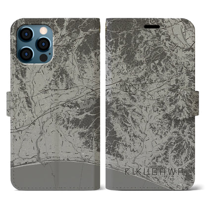 【菊川（静岡県）】地図柄iPhoneケース（手帳タイプ）モノトーン・iPhone 12 / 12 Pro 用