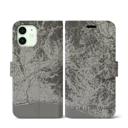 【菊川（静岡県）】地図柄iPhoneケース（手帳タイプ）モノトーン・iPhone 12 mini 用