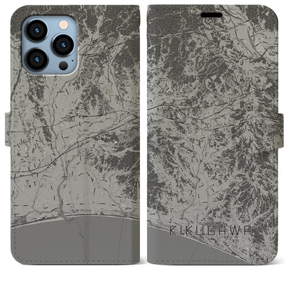 【菊川（静岡県）】地図柄iPhoneケース（手帳タイプ）モノトーン・iPhone 13 Pro Max 用