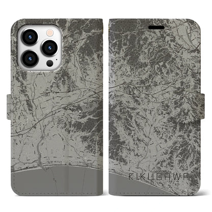 【菊川（静岡県）】地図柄iPhoneケース（手帳タイプ）モノトーン・iPhone 13 Pro 用