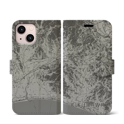 【菊川（静岡県）】地図柄iPhoneケース（手帳タイプ）モノトーン・iPhone 13 mini 用