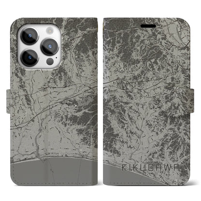 【菊川（静岡県）】地図柄iPhoneケース（手帳タイプ）モノトーン・iPhone 14 Pro 用