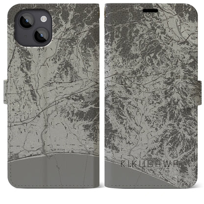 【菊川（静岡県）】地図柄iPhoneケース（手帳タイプ）モノトーン・iPhone 14 Plus 用