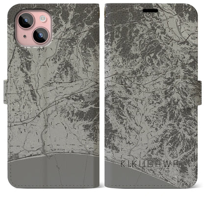 【菊川（静岡県）】地図柄iPhoneケース（手帳タイプ）モノトーン・iPhone 15 Plus 用