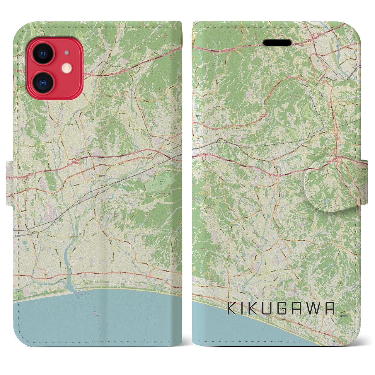 【菊川（静岡県）】地図柄iPhoneケース（手帳タイプ）ナチュラル・iPhone 11 用