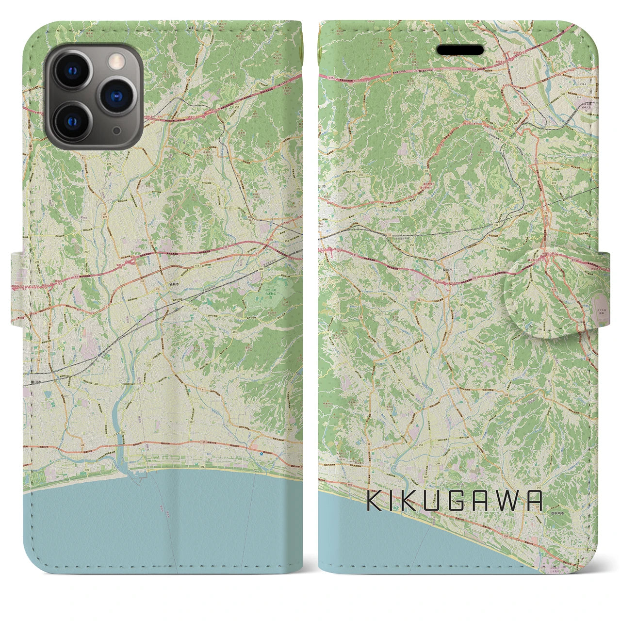 【菊川（静岡県）】地図柄iPhoneケース（手帳タイプ）ナチュラル・iPhone 11 Pro Max 用