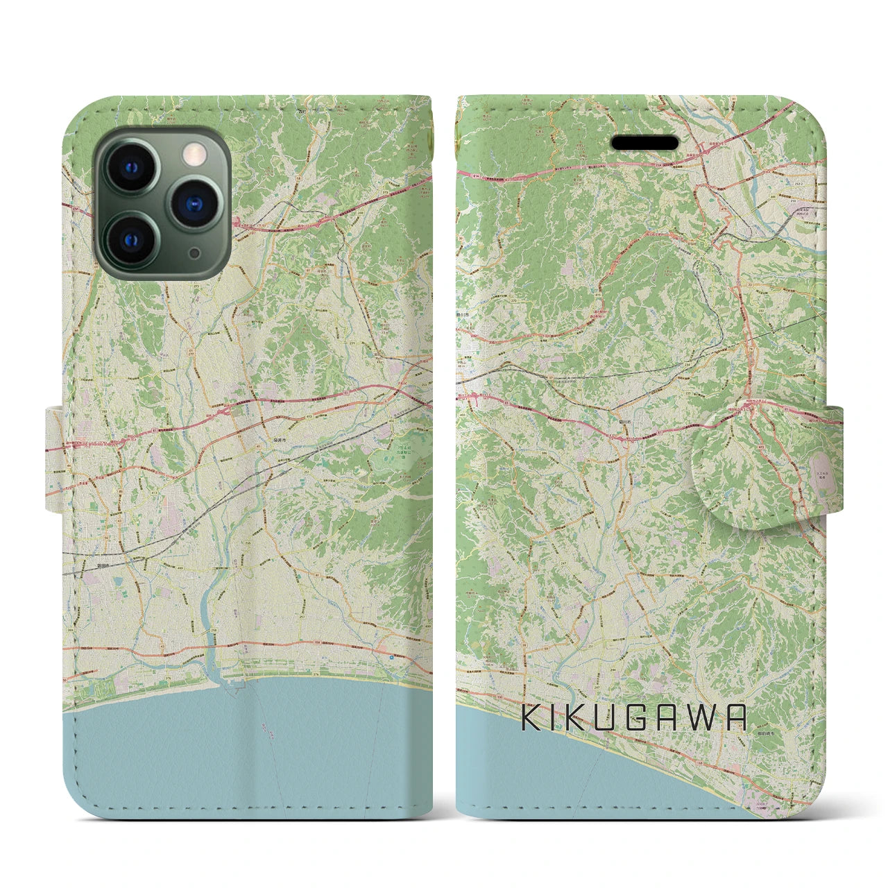 【菊川（静岡県）】地図柄iPhoneケース（手帳タイプ）ナチュラル・iPhone 11 Pro 用