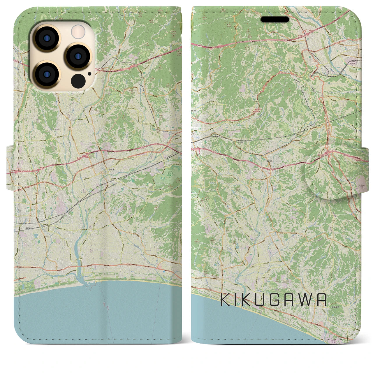 【菊川（静岡県）】地図柄iPhoneケース（手帳タイプ）ナチュラル・iPhone 12 Pro Max 用