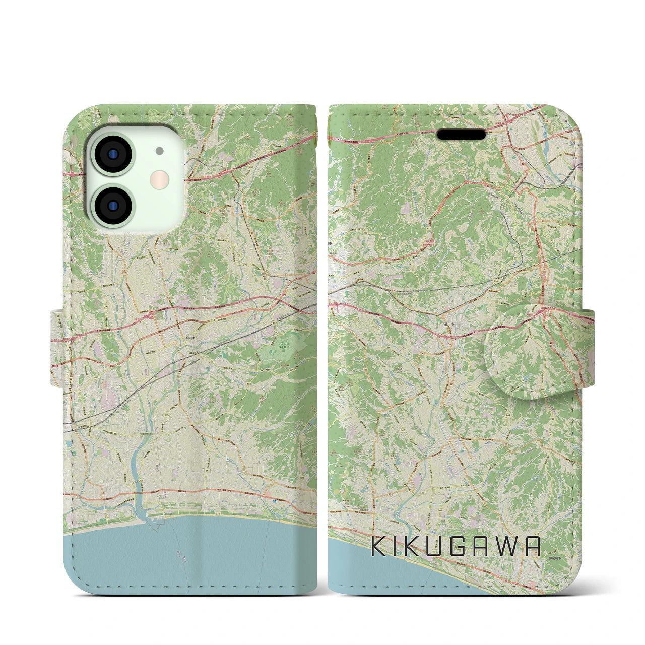【菊川（静岡県）】地図柄iPhoneケース（手帳タイプ）ナチュラル・iPhone 12 mini 用