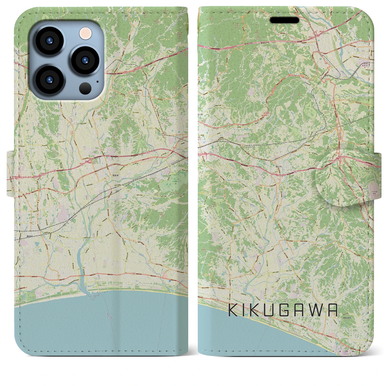 【菊川（静岡県）】地図柄iPhoneケース（手帳タイプ）ナチュラル・iPhone 13 Pro Max 用