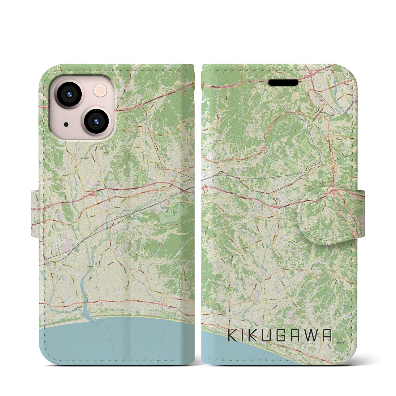 【菊川（静岡県）】地図柄iPhoneケース（手帳タイプ）ナチュラル・iPhone 13 mini 用