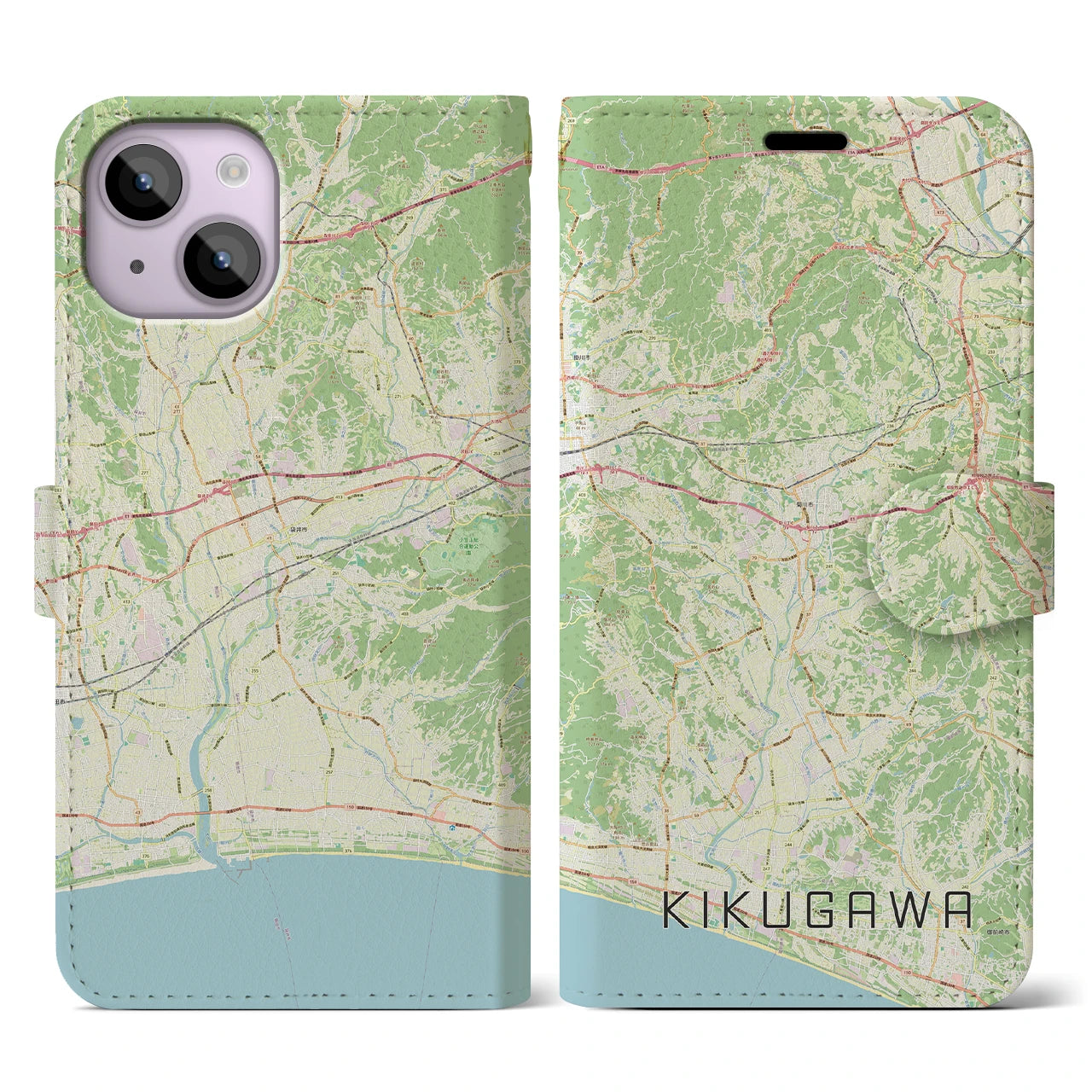 【菊川（静岡県）】地図柄iPhoneケース（手帳タイプ）ナチュラル・iPhone 14 用