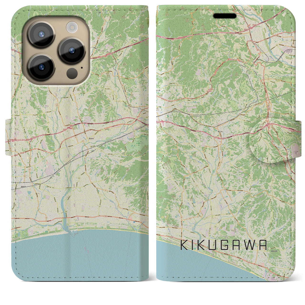 【菊川（静岡県）】地図柄iPhoneケース（手帳タイプ）ナチュラル・iPhone 14 Pro Max 用